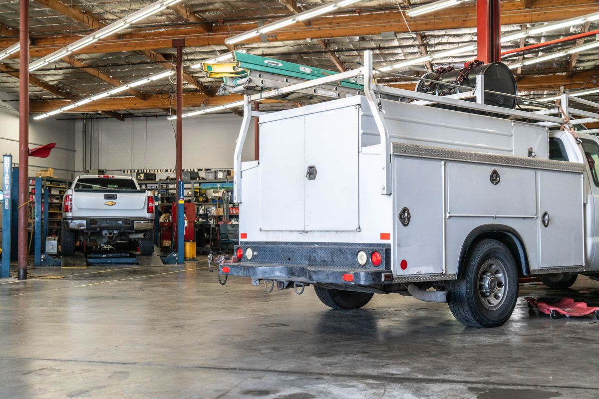 Service-body utility truck in a bay at our West Sacramento shop