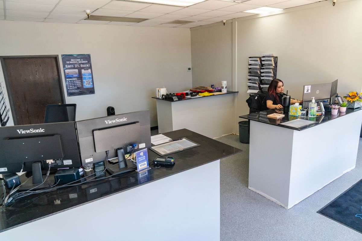 Service advisor at the front counter of our Sunbeam Ave shop in Sacramento